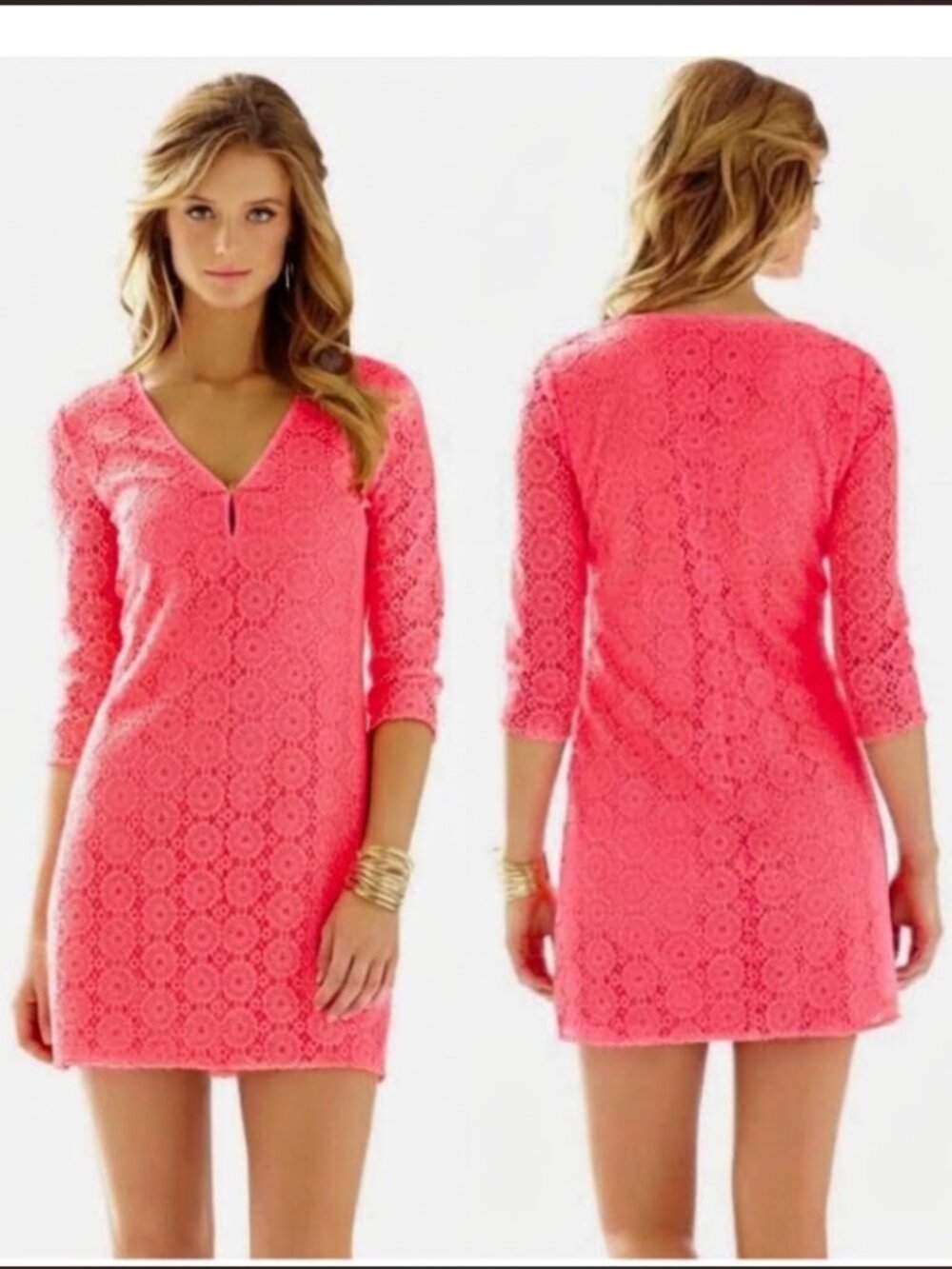 Lilly Pulitzer Bright Coral Pink Crochet Lace Shift Dress (Size XS) Lamora Break